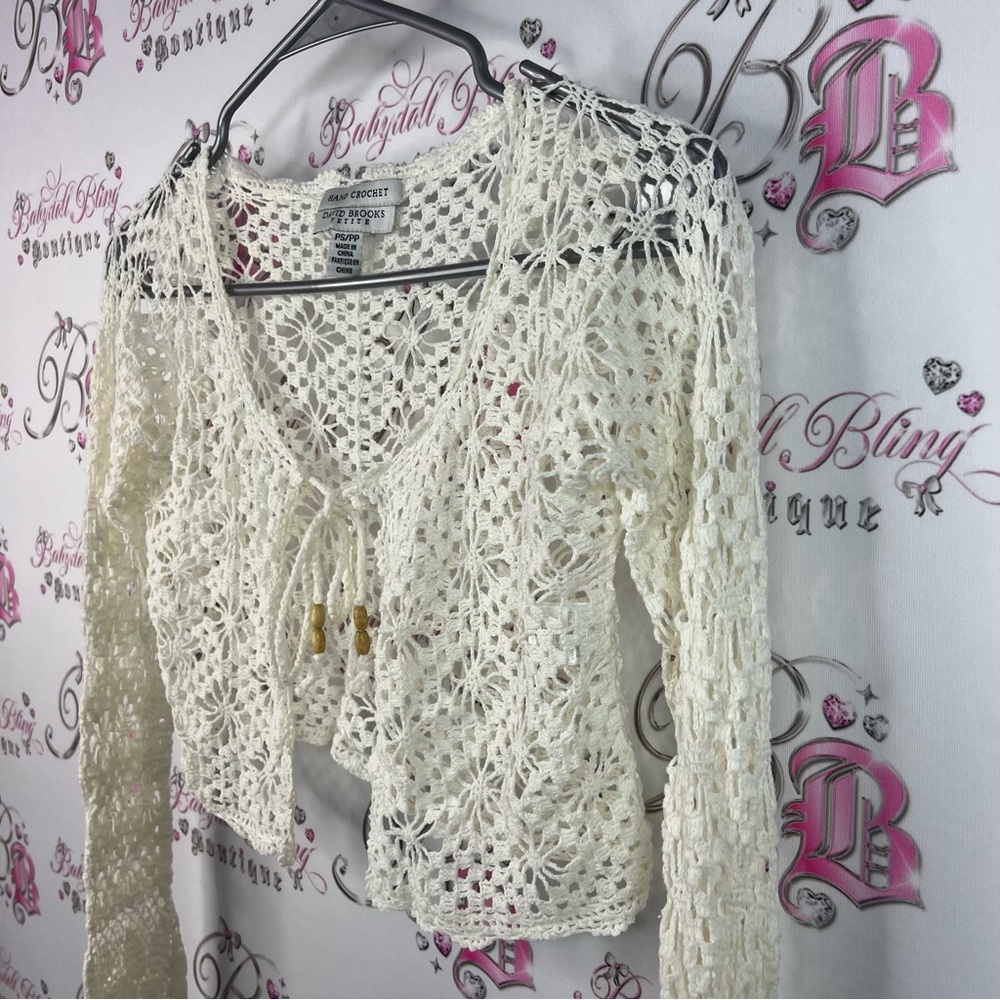David brooks hand crochet long sleeve cardigan Women's Cream Crochet Top - Picture 3 of 11